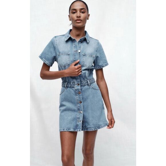 Zara SS25 Denim Mini Shirt Dress with Braided Belt Size Large - Picture 1 of 9